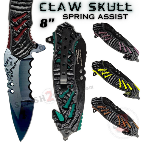 Claw Spring Assisted Rescue Knife w/ Cutouts 3D Skull - Asst. Colors