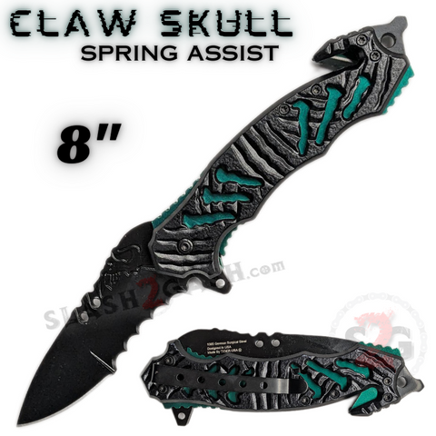Claw Spring Assisted Rescue Knife w/ Cutouts 3D Skull - Green