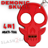 Self Defense Keychain Knuckles 4in1 Cutter Sharpener Whistle - Red Skull ABS Plastic Multi Tool