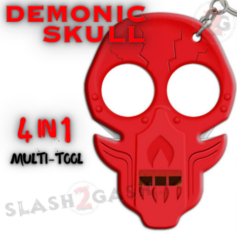 Self Defense Keychain Knuckles 4in1 Cutter Sharpener Whistle - Red Skull ABS Plastic Multi Tool