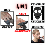Self Defense Keychain Knuckles 4in1 Cutter Sharpener Whistle - Black Skull ABS Plastic Multi Tool