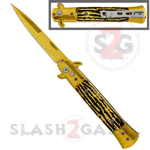Diablo Stiletto Automatic Knife Milano Switchblade - Gold Faux Stag Horn