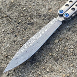 The One EX-10 clone Butterfly Knife Balisong Damascus w/ Blue Screws Gray/Silver Titanium