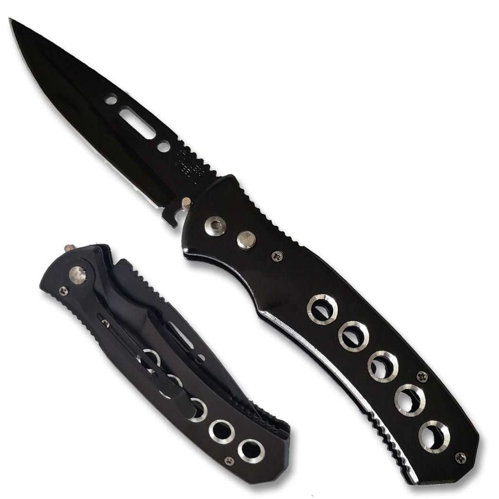 EYELET Automatic Knife Switchblade with Holes + Safety Lock Black
