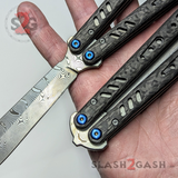 Rep clone Damascus Blade Carbon Fiber Balisong Blue Screws Pivots FrankenREP Butterfly Knife TITANIUM