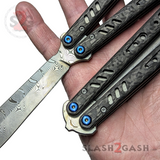 Rep clone Damascus Blade Carbon Fiber Balisong Blue Screws Pivots FrankenREP Butterfly Knife TITANIUM