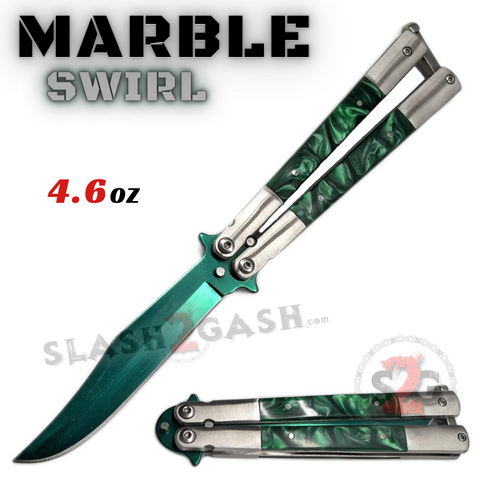 Marble Butterfly Knife Pearl Swirl Single Edge Balisong - Green Bowie Sharp