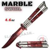 Marble Butterfly Knife Pearl Swirl Single Edge Balisong - Red Bowie Sharp