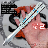 Replicant clone Balisong V2 Butterfly Knife White G10 Damascus Rainbow Fade Titanium S2G