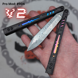 Replicant clone Balisong V2 Butterfly Knife Carbon Fiber Damascus Channel Spacers Rainbow Titanium 904