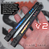 Replicant clone Balisong V2 Butterfly Knife Carbon Fiber Damascus Channel Spacers Rainbow Titanium 904