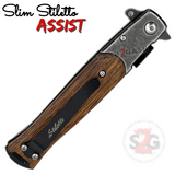 Italian Stiletto Knife Spring Assist Milano 9" - Stonewash - Brown Wood
