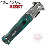 Italian Stiletto Knife Spring Assist Milano 9" -  Stonewash w/ Green Wood