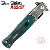 Slim Stiletto Assist Knife Italian Style Milano 9" - Stonewash w/ Green Wood