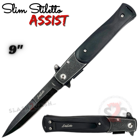 Slim Stiletto Assist Knife Italian Style Milano 9" - Stonewash w/ Black Wood