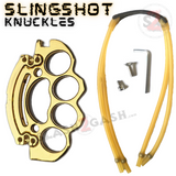 Brass Knuckles w/ Slingshot Belt Buckle Duster Solid Steel Paper Weight - Gold Finish