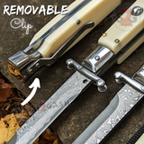 Italian Stiletto Swing Guard Knife Automatic Switchblade White Bone 9 Inch Italy Removable Clip