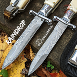 Italian Stiletto Swing Guard Knife Automatic Switchblade White Bone Raindrop Damascus 9 Inch Italy Swinguard Stiletto Knives