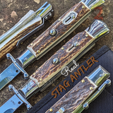 Automatic Switchblade Knives Real Stag Antler Swing Guard Italian Style 9 Inch Italy Swinguard Stiletto Knife