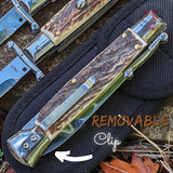 Automatic Switchblade Knives Mirror Stag Antler Swing Guard Italian Style 9 Inch Italy Swinguard Stiletto Knife
