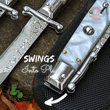 Italian Stiletto Swing Guard Knife White Marble Switchblade Automatic Pearl Damascus 9 Inch Italy Swinguard Stiletto Knives