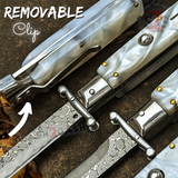 Automatic Switchblade Knives White Marble Damascus Swing Guard Italian Style 9 Inch Italy Swinguard Stiletto Knife