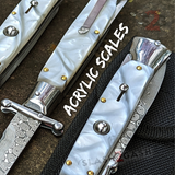 Italian Stiletto Swing Guard Knife White Marble Switchblade Automatic Pearl Damascus 9 Inch Italy Swinguard Stiletto Knives