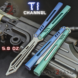 The ONE Channel Replicant Balisong Clone Butterfly Knife CHEP - Blue Green TITANIUM Trainer Practice Dull Safe Training