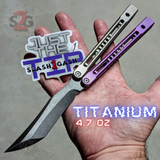 The ONE Monarch Clone Balisong Titanium Butterfly Knife Purple Grey Black Blade Channel Handles Sharp D2 Live Stonewash