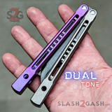 The ONE Monarch Clone Balisong Titanium Butterfly Knife Purple Grey Black Blade Channel Handles Sharp D2 Live Stonewash
