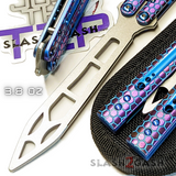 The ONE Python Clone Balisong TITANIUM Trainer Butterfly Knife - Hex Blue Purple Practice Safe Dull