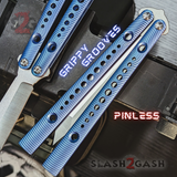 The ONE Squiggle Replicant Balisong Clone TITANIUM Butterfly Knife - Blue Channel Pinless Grippy Grooves