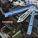 The ONE Squiggle Replicant Balisong Clone TITANIUM Butterfly Knife - Blue Channel Trainer Practice Dull Safe Training
