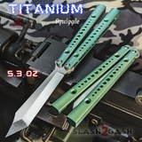 The ONE Squiggle Replicant Balisong Clone TITANIUM Butterfly Knife - Green Channel Sharp Live D2 Stonewash