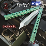 The ONE Squiggle Replicant Balisong Clone TITANIUM Butterfly Knife - Green Channel Sharp Live D2 Stonewash