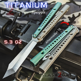 Squiggle Replicant Balisong Clone The ONE Butterfly Knife Channel - Green Silver TITANIUM Sharp Live D2 Gray