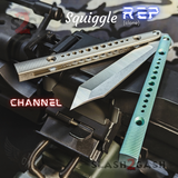 Squiggle Replicant Balisong Clone The ONE Butterfly Knife Channel - Green Silver TITANIUM Sharp Live D2 Gray