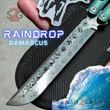 Raindrop Damascus Tsunami Balisong Clone The ONE TITANIUM Butterfly Knife - Green Channel Sharp Live