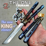 The ONE Tsunami Balisong Kind of Clones TITANIUM Butterfly Knife - Channel Damascus Toxic Fire Anodized