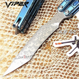 The ONE Viper Balisong Clone TITANIUM Butterfly Knfie - Green Damascus Sharp Live Blade