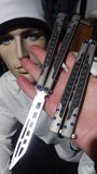 The One EX-10 clone Butterfly Knife Balisong w/ Carbon Fiber Gray/Silver Titanium Blue Screws