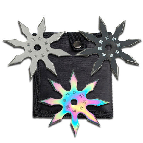 Throwing Star Set 4" 8 Point Perfect Point Black Silver Rainbow 3 Pack