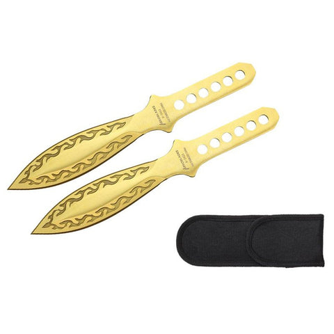 9" Throwing Knife Set 2 PC Gold Thrower Knives w/ 3D Flames Aero Blades