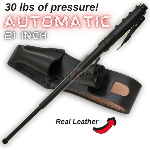 AUTOMATIC Baton Police Grade W/Leather Solid Metal Stick Black