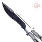 Gray Jaguar Butterfly Knife HEAVY Taiwan Balisong - 4mm Grey Serrated FAT Knuckle Banger