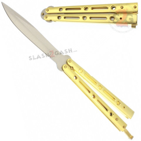 JUMBO Butterfly Knife Giant 10" Balisong Large 5 Hole Pattern - Shiny Gold
