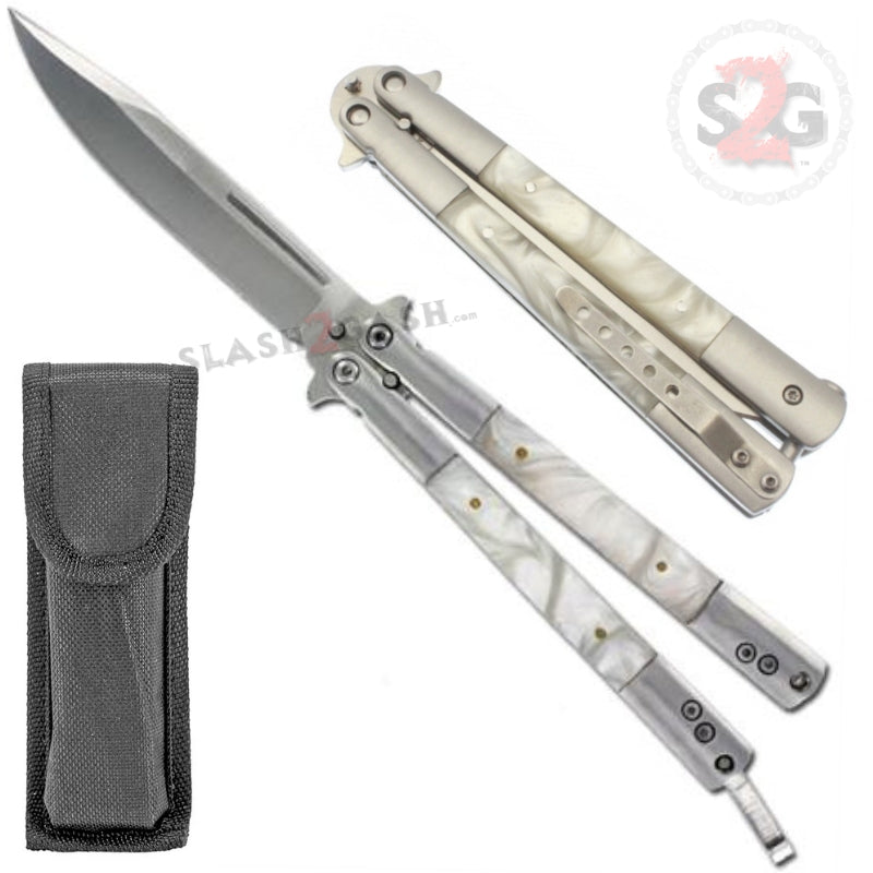 Black Marble Butterfly Knife Pearl Swirl Balisong Plain Edge Slash2Gash