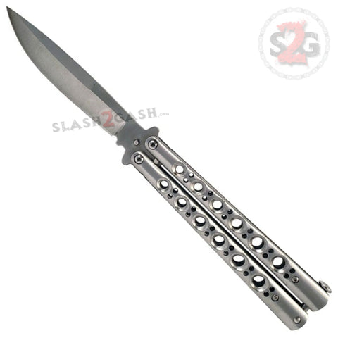 Classic 6 Hole Butterfly Knife w/ Spring Latch Balisong Sandwich Version - Silver