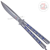 Classic 6 Hole Butterfly Knife w/ Spring Latch Balisong Sandwich Version Weehawk - Silver w/ Blue Holes