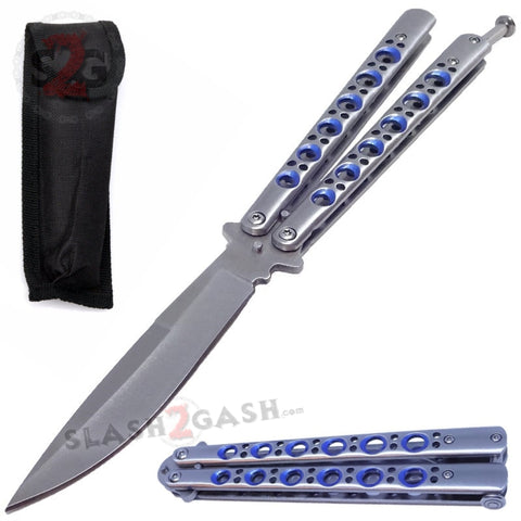 Classic 6 Hole Butterfly Knife w/ Spring Latch Balisong Sandwich Version Weehawk - Silver w/ Blue Holes